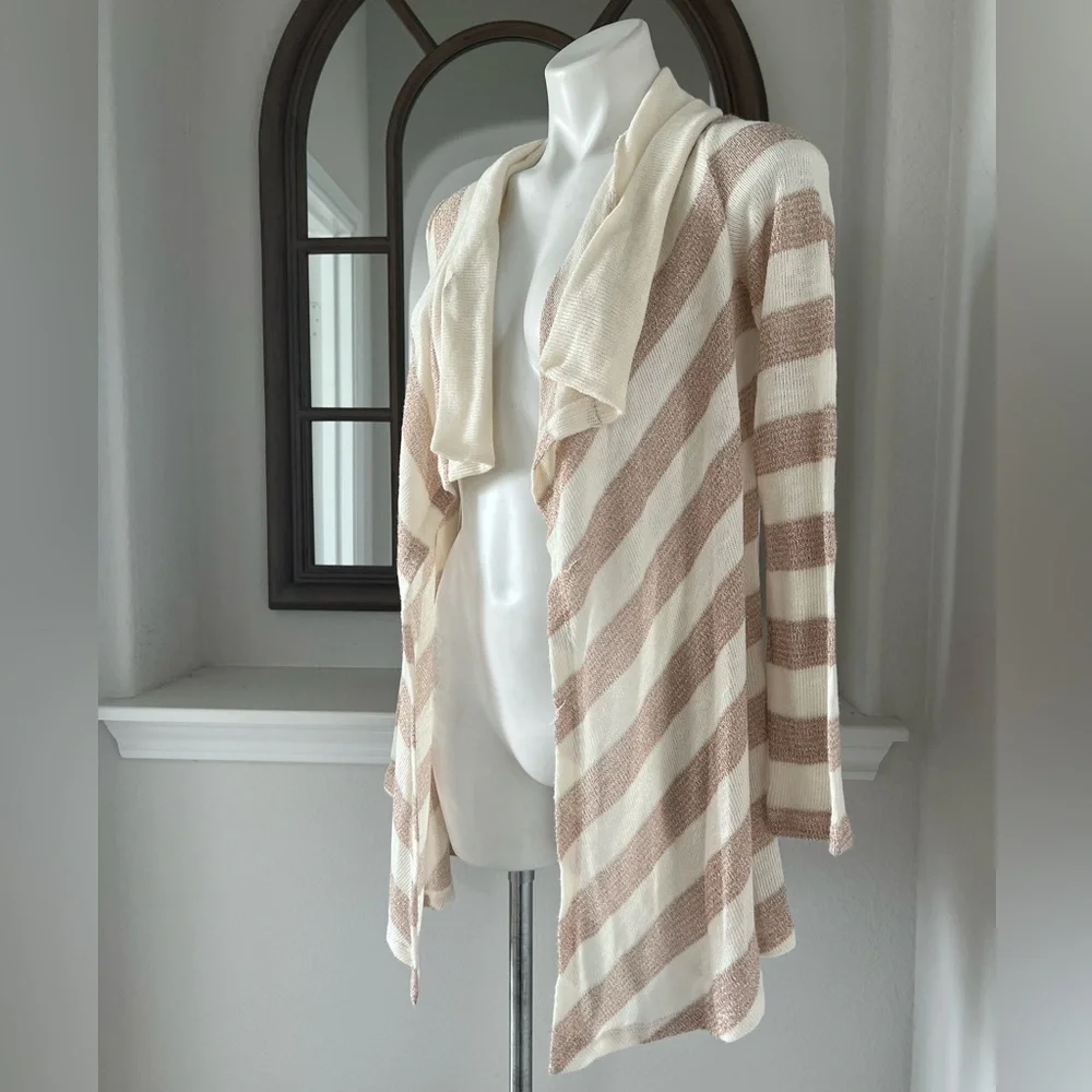 Splendid Draped Metallic Striped Sweater Cardigan, Cream Rose Gold Size M - Picture 4 of 7
